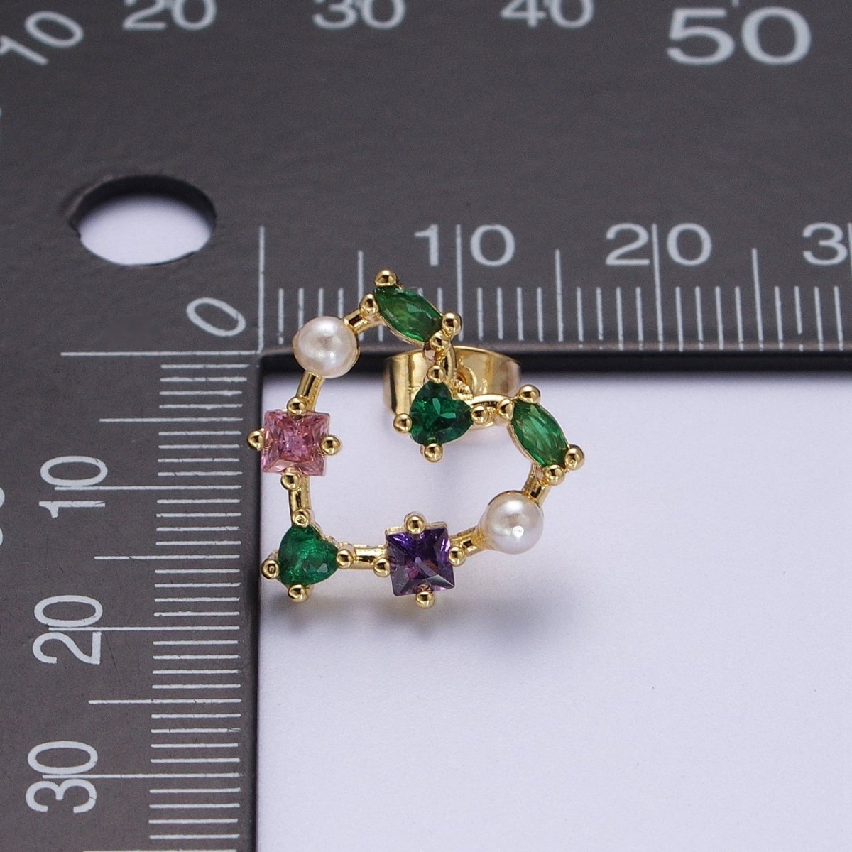 Gold Heart Shape Multi Color CZ Stud Earring Y-083 - DLUXCA