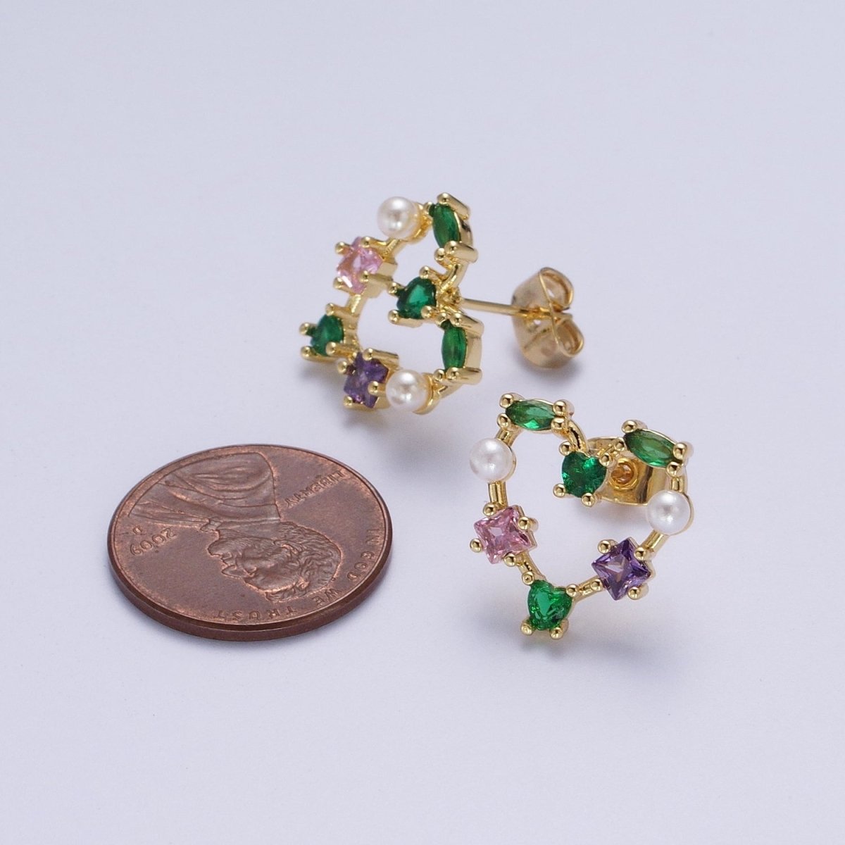Gold Heart Shape Multi Color CZ Stud Earring Y-083 - DLUXCA
