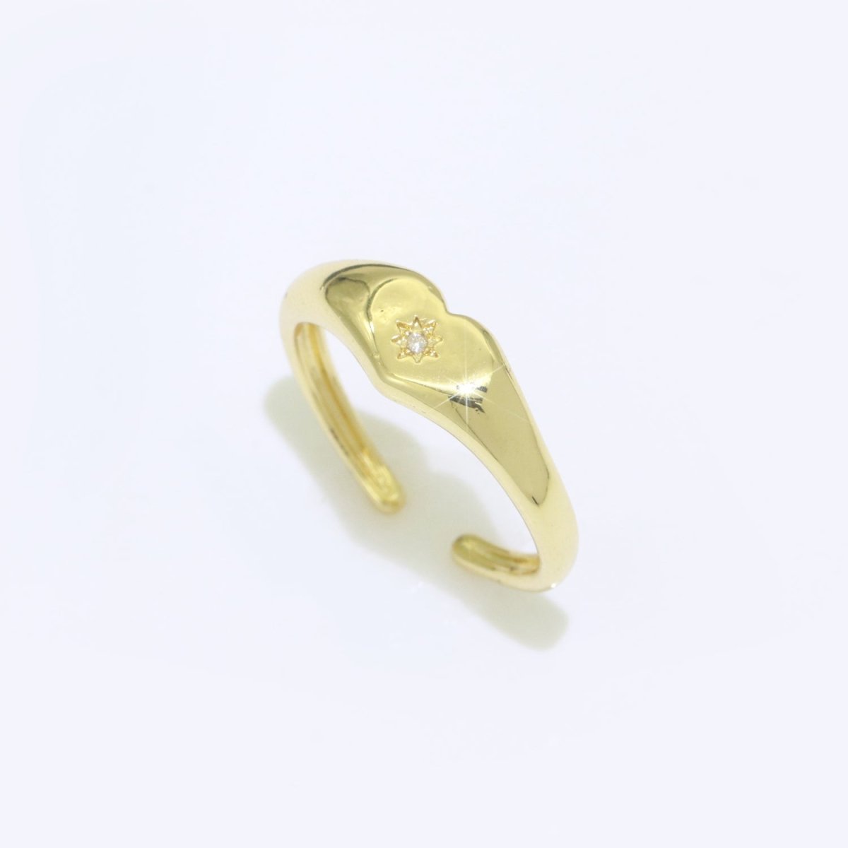 Gold Heart Signet Ring Open Adjustable Ring CZ Polaris Star burst Stackable Chunky Bold Celestial Ring Jewelry Gift, S-109 - DLUXCA