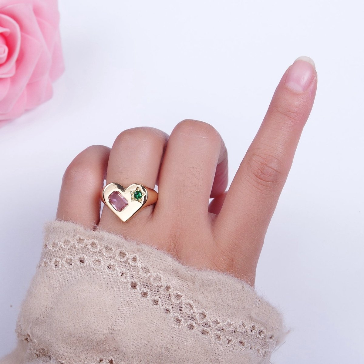 Gold Heart Signet Ring with Pink & Green Cubic Zirconia Baguette Star Stones | X-616 - DLUXCA