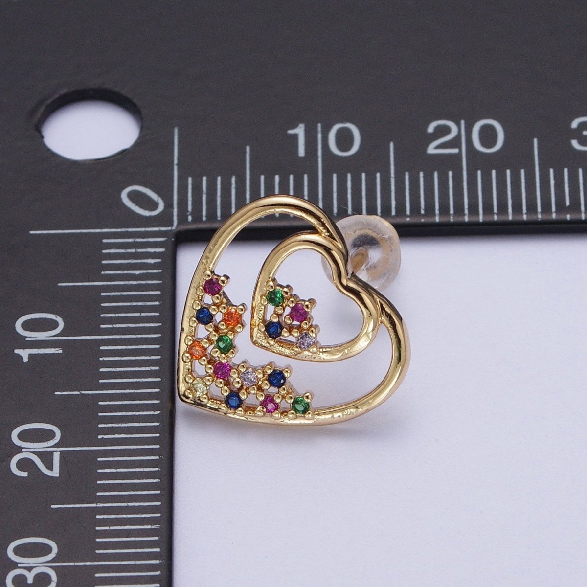 Gold Heart Stud Earring Rainbow Cz Stud Earring AE-1026 - DLUXCA
