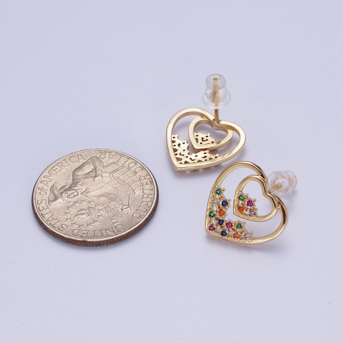 Gold Heart Stud Earring Rainbow Cz Stud Earring AE-1026 - DLUXCA