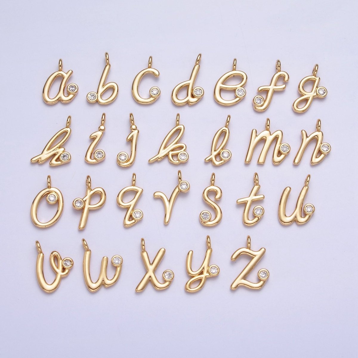 Gold Initial Alphabet Lower Case Cursive Letter Clear CZ Personalized Charm | AC062 - AC087 - DLUXCA