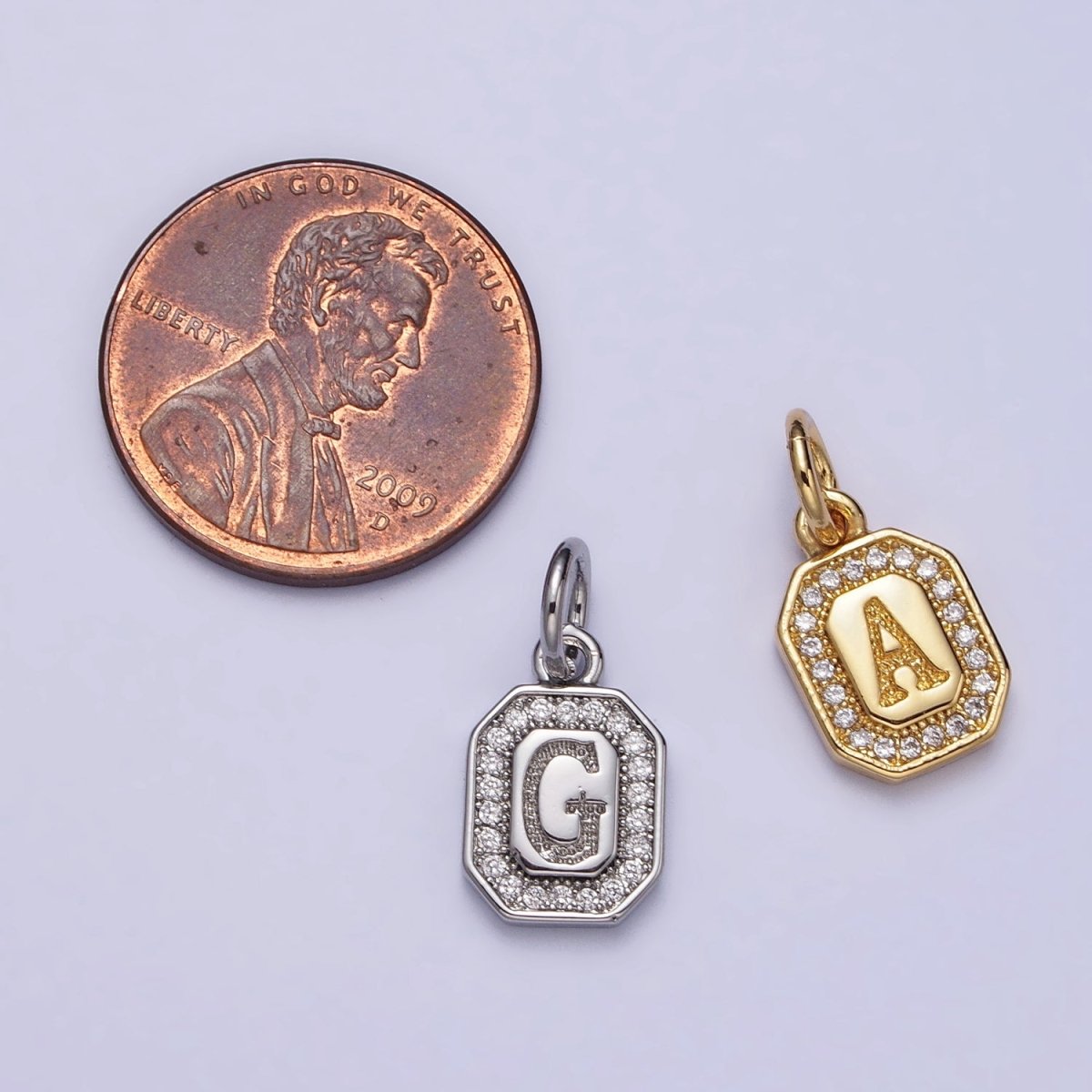 Gold Initial Letter A-Z Clear Micro Paved CZ Hexagonal Mini Charm | AD-431 - AD-456 - DLUXCA