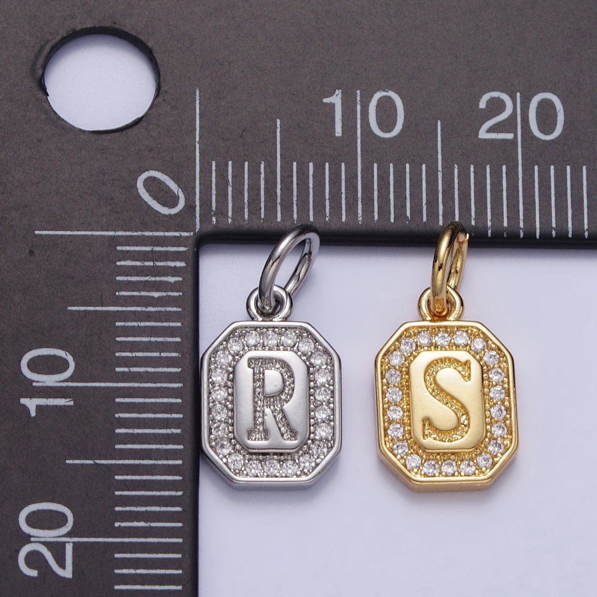 Gold Initial Letter A-Z Clear Micro Paved CZ Hexagonal Mini Charm | AD-431 - AD-456 - DLUXCA