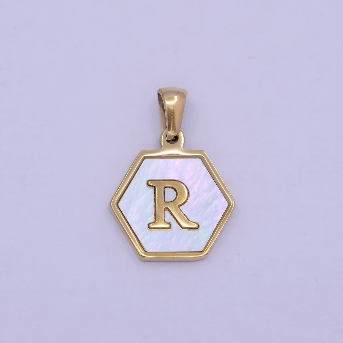 Gold Initial Letter Necklace Pendant Hexagon Alphabet Charm Mother of pearl Letter Minimalist Jewelry Shell Hexagon Pendant for Necklace BraceletW-340 to W-365 - DLUXCA