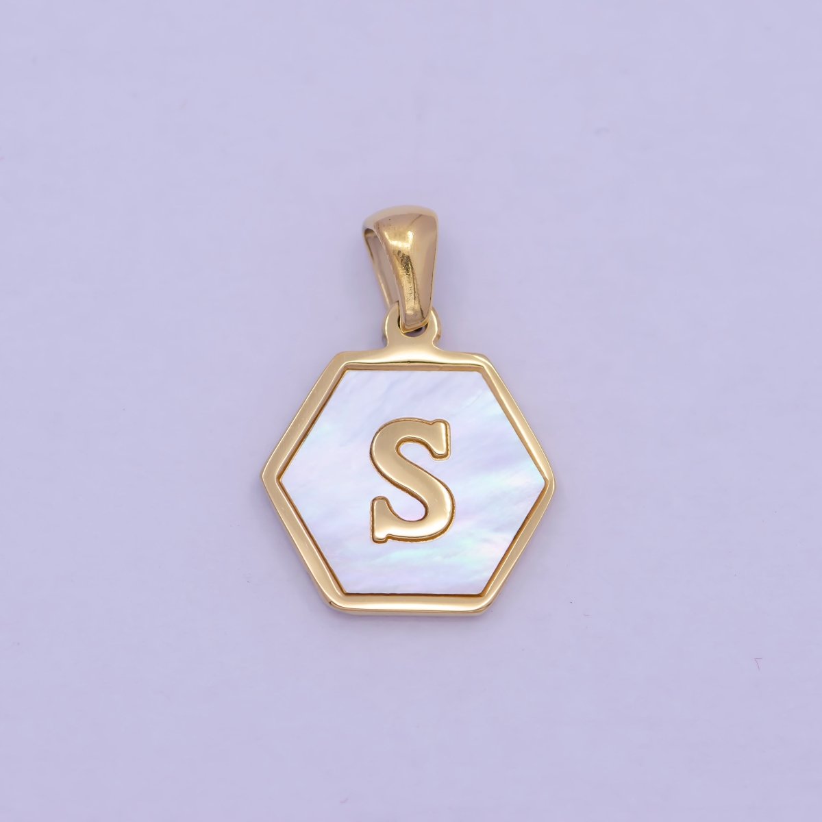 Gold Initial Letter Necklace Pendant Hexagon Alphabet Charm Mother of pearl Letter Minimalist Jewelry Shell Hexagon Pendant for Necklace BraceletW-340 to W-365 - DLUXCA