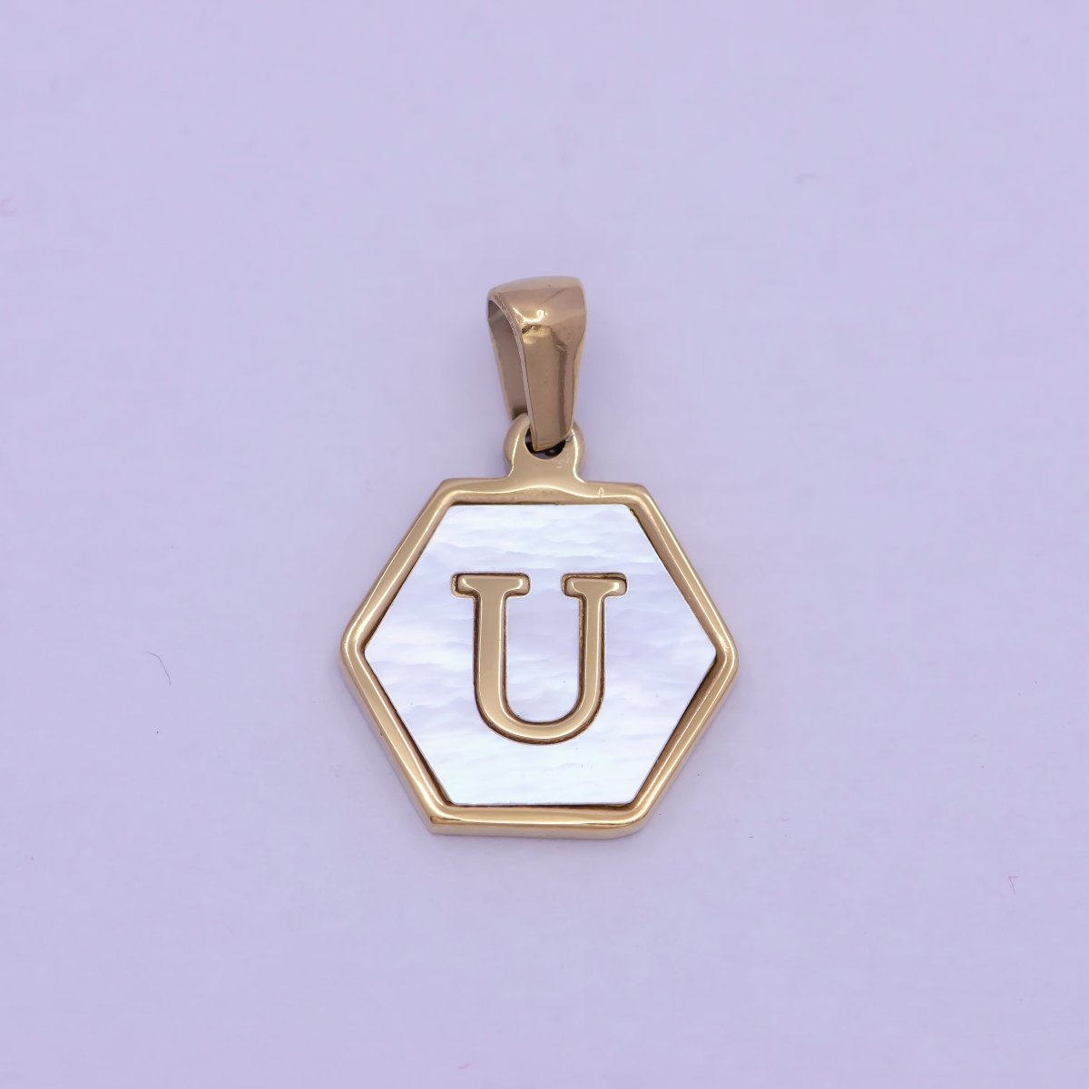 Gold Initial Letter Necklace Pendant Hexagon Alphabet Charm Mother of pearl Letter Minimalist Jewelry Shell Hexagon Pendant for Necklace BraceletW-340 to W-365 - DLUXCA