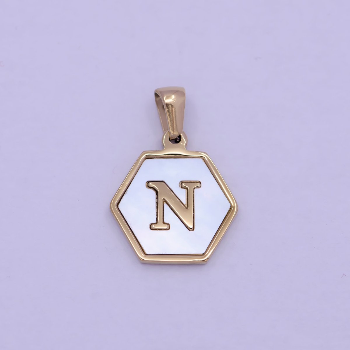 Gold Initial Letter Necklace Pendant Hexagon Alphabet Charm Mother of pearl Letter Minimalist Jewelry Shell Hexagon Pendant for Necklace BraceletW-340 to W-365 - DLUXCA