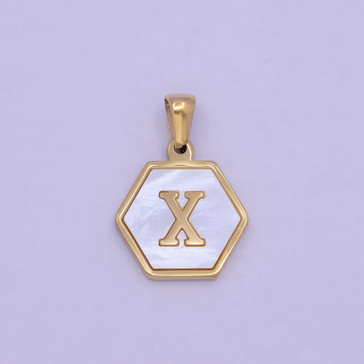 Gold Initial Letter Necklace Pendant Hexagon Alphabet Charm Mother of pearl Letter Minimalist Jewelry Shell Hexagon Pendant for Necklace BraceletW-340 to W-365 - DLUXCA