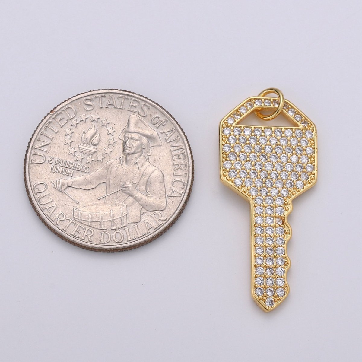 Gold Key CZ Micro Pave Charm Pendant, Key Charm, Key Pendant, Key Necklace, Charm Bracelet, Cubic Zirconia, Charm, 34x15mm D-340 - DLUXCA