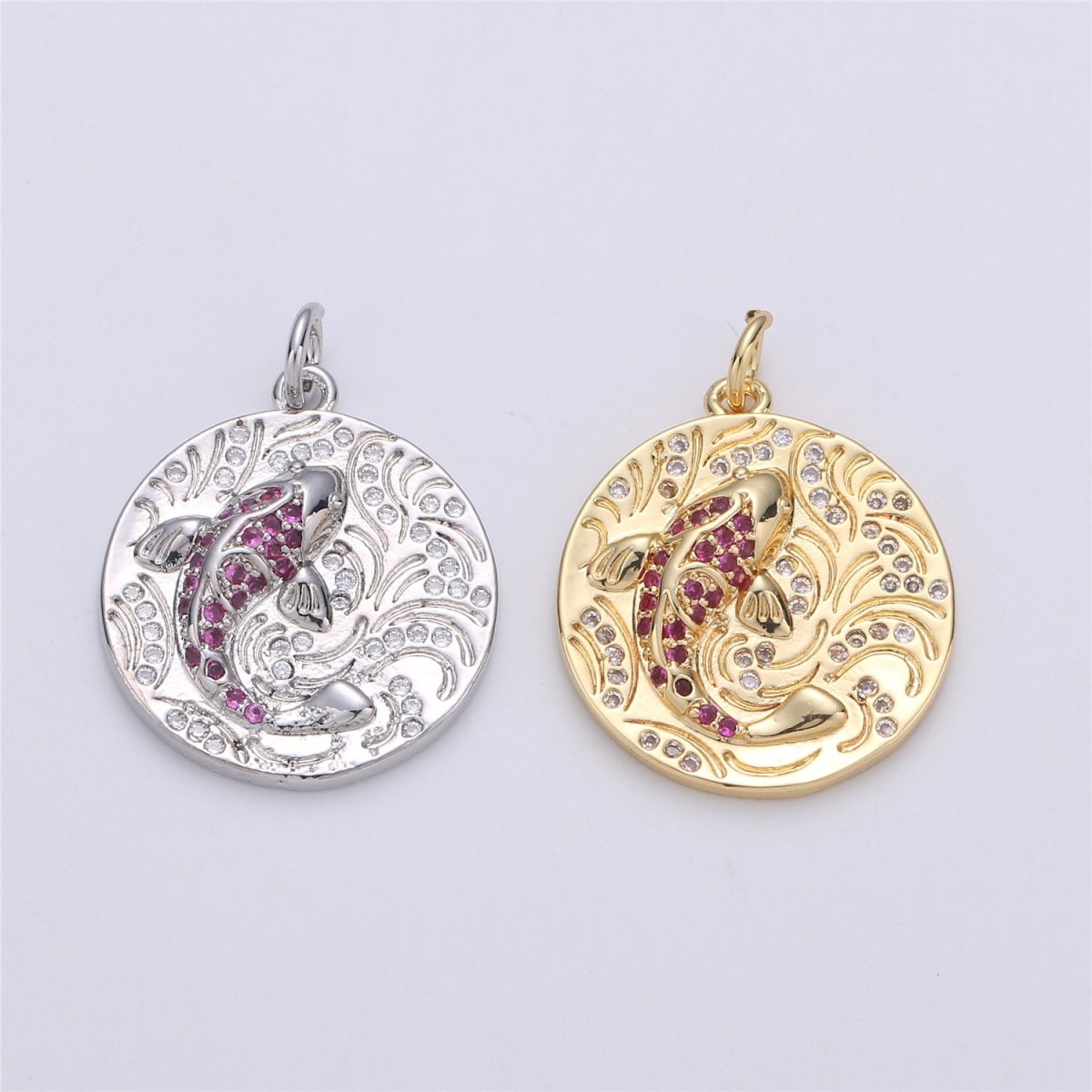 Gold koi fish charm pendant Japanese koi carp disc Coin charm for Necklace Earring Bracelet Component supply Animal Jewelry C-908 - DLUXCA
