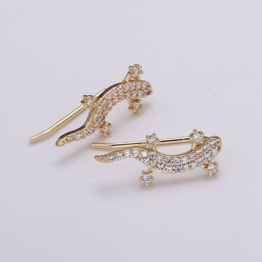 Gold Lizard Ear Climbers- Animal Earrings, Gold Ear Crawlers, Ear Climbers, Micro Pave Earrings, Gecko Ear Crawler Earrings P-006 - DLUXCA