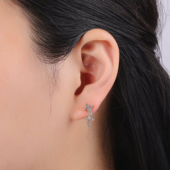 Gold Lizard Ear Climbers- Animal Earrings, Gold Ear Crawlers, Ear Climbers, Micro Pave Earrings, Gecko Ear Crawler Earrings P-006 - DLUXCA