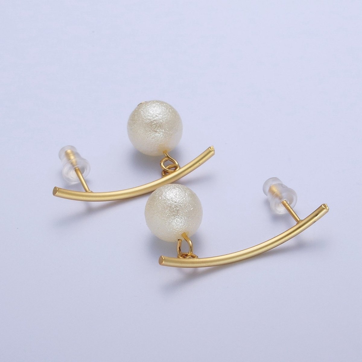 Gold Long Arc Line Drop White Pearl Geometric Stud Earrings | X-866 - DLUXCA