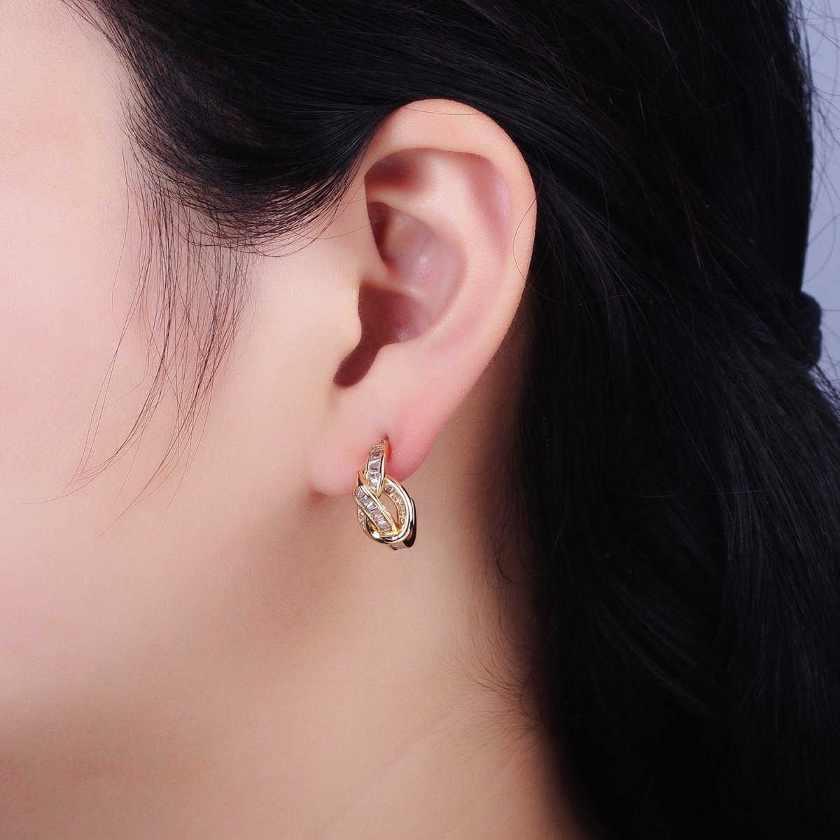 Gold Love knot Stud Earring Clear Cz Micro Pave Stone Hoop Earring AB675 - DLUXCA