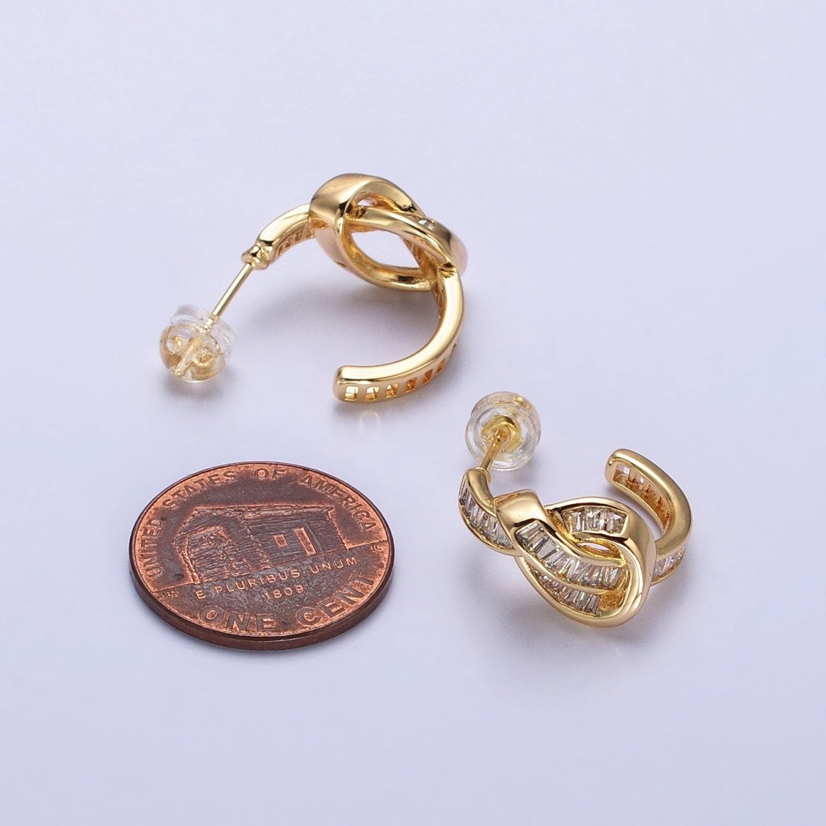 Gold Love knot Stud Earring Clear Cz Micro Pave Stone Hoop Earring AB675 - DLUXCA