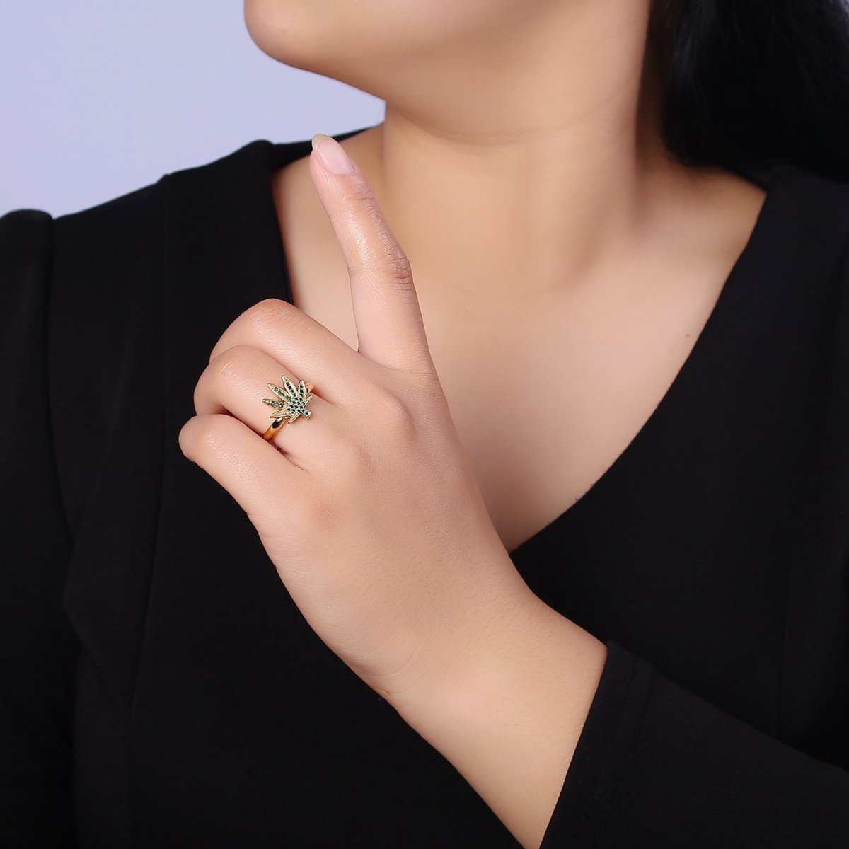 Gold Mary Jane Ring Green Weed Ring Open Adjustable Ring O-2159 - DLUXCA