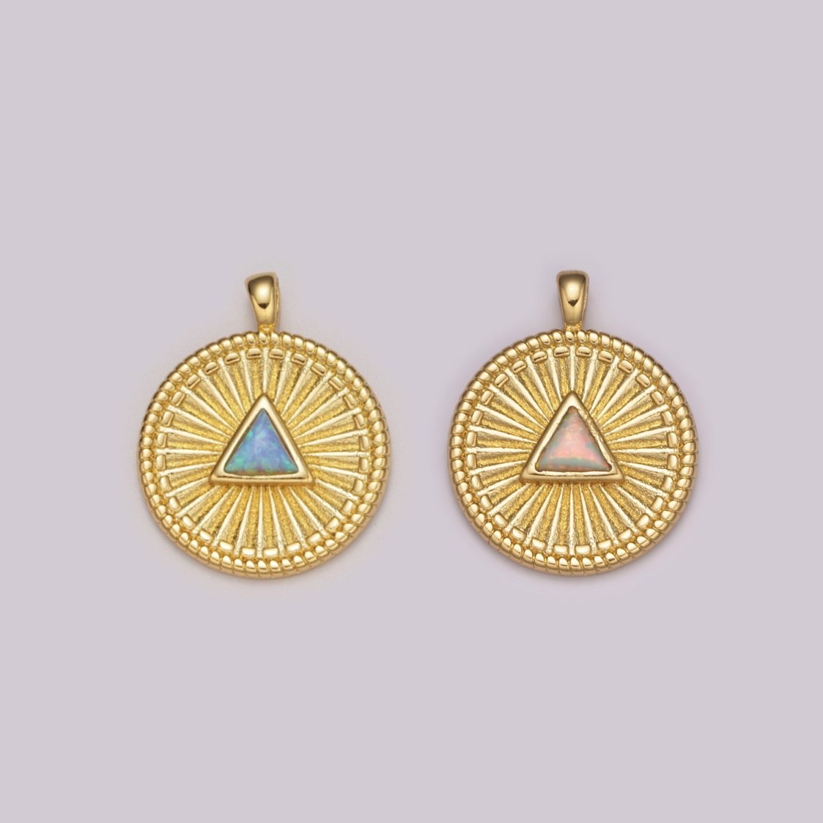 Gold Medallion Charm, Opal Triangle Coin Charm SunBurst Geometric Amulet Layering Necklace charm N-1438, N-1483 - DLUXCA