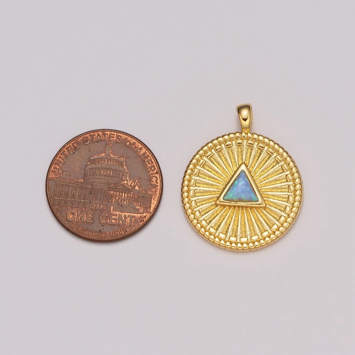 Gold Medallion Charm, Opal Triangle Coin Charm SunBurst Geometric Amulet Layering Necklace charm N-1438, N-1483 - DLUXCA