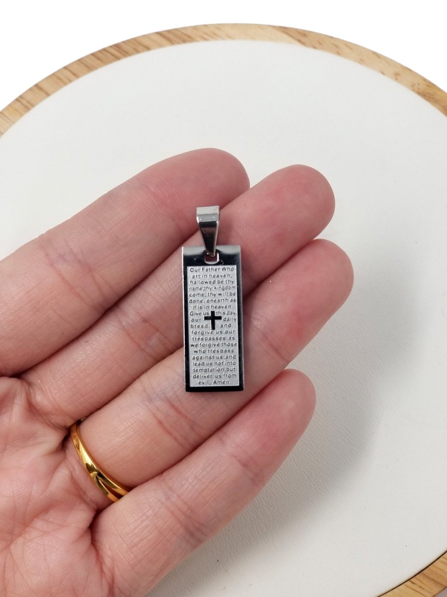 Gold Medallion Tag Pendant Necklace, Father Prayer Pendant, Engraved Lords Prayer for Religious Jewelry Necklace Charm J-620 - DLUXCA