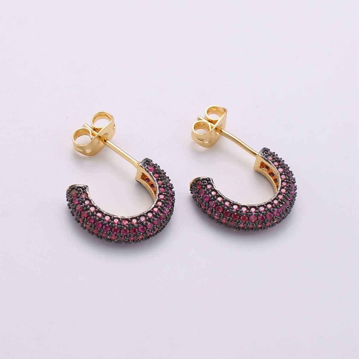 Gold Micro Pave Hoop Earrings Gold Chunky Earrings, CZ Color Hoop Earrings, Modern Style, Gold Minimalist Earrings Q-271 - Q-276 - DLUXCA