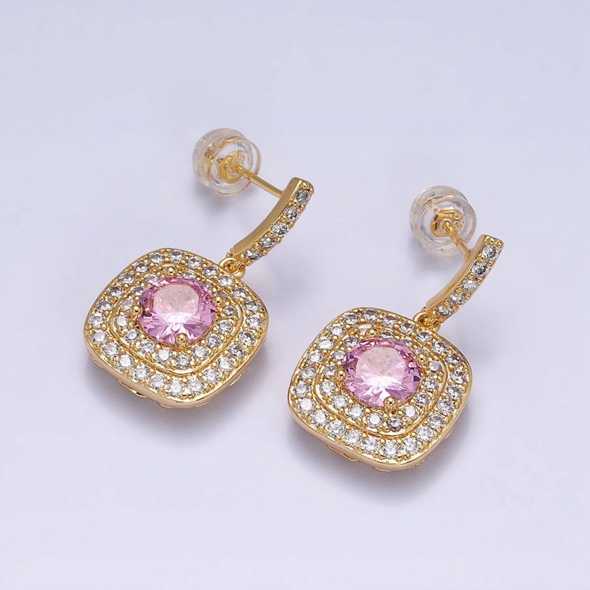 Gold Micro Pave Square Cocktail Earrings Multi Color CZ Statement Party Earrings Dangle Designer Earrings AD1197 - AD1208 - DLUXCA