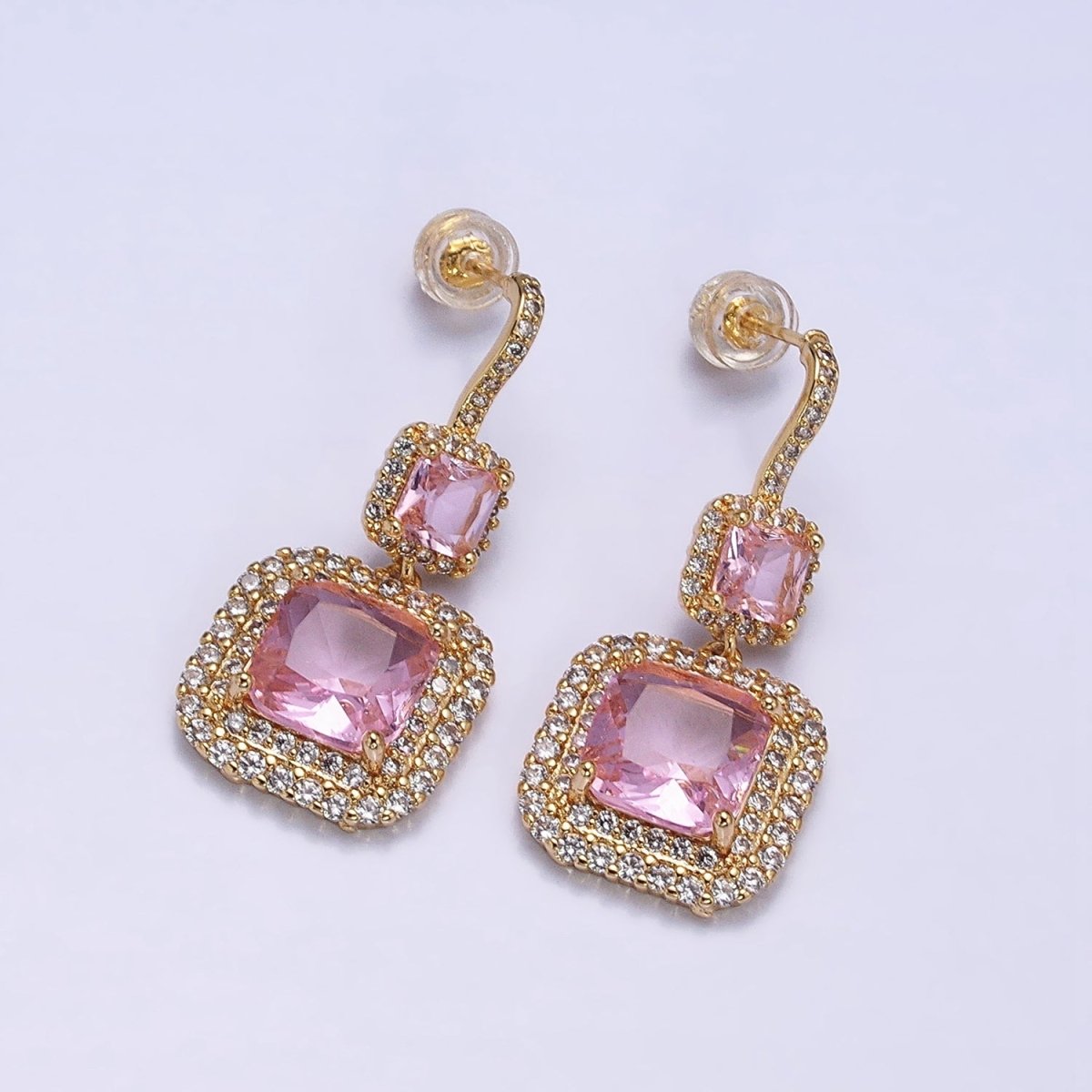 Gold Micro Pave Square Cocktail Earrings Multi Color CZ Statement Party Earrings Dangle Designer Earrings AD1504 - AD1515 - DLUXCA