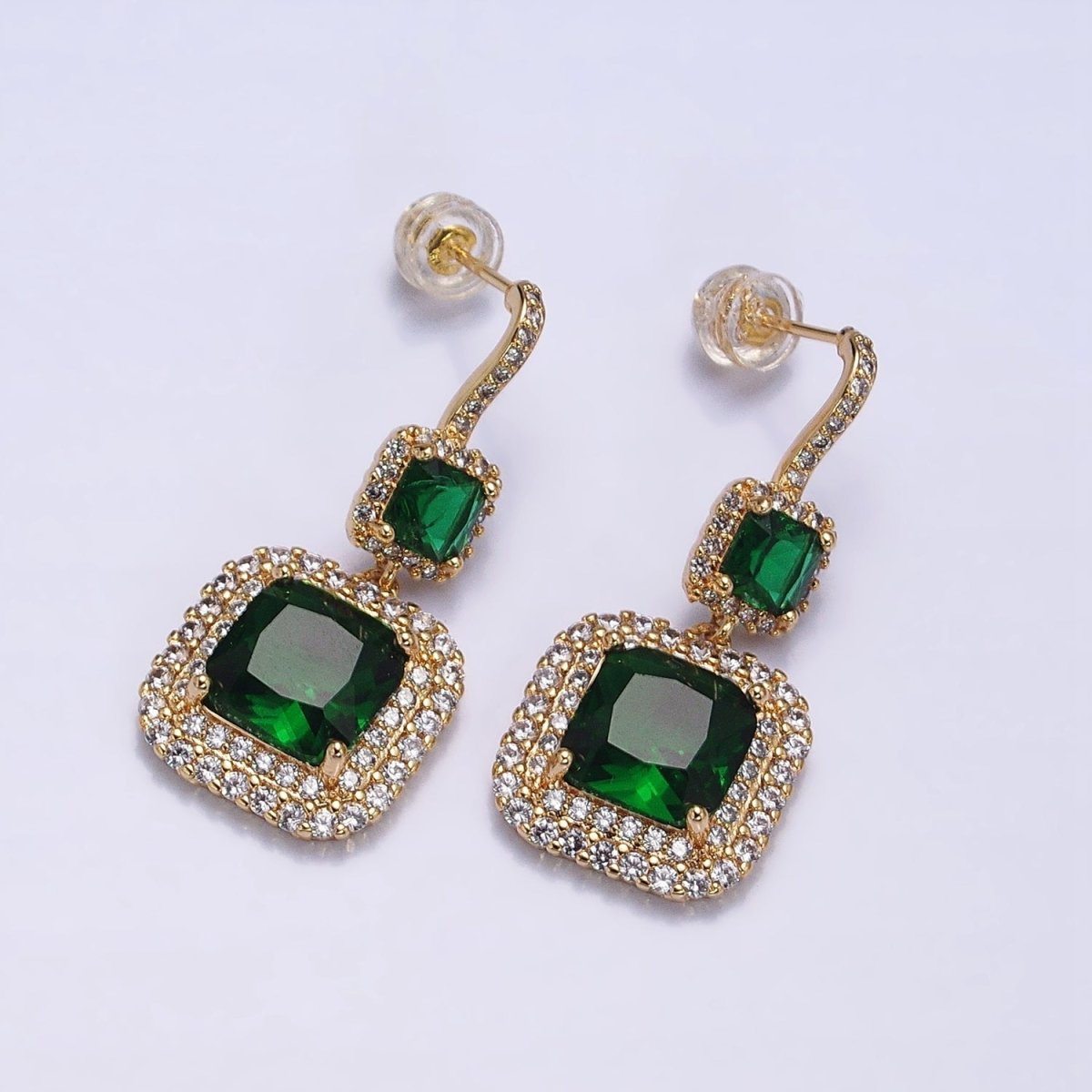 Gold Micro Pave Square Cocktail Earrings Multi Color CZ Statement Party Earrings Dangle Designer Earrings AD1504 - AD1515 - DLUXCA