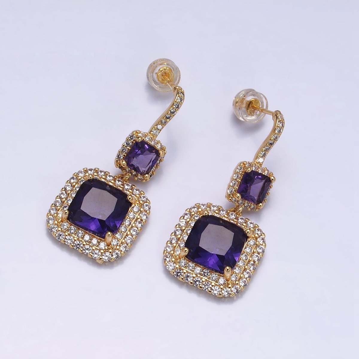 Gold Micro Pave Square Cocktail Earrings Multi Color CZ Statement Party Earrings Dangle Designer Earrings AD1504 - AD1515 - DLUXCA