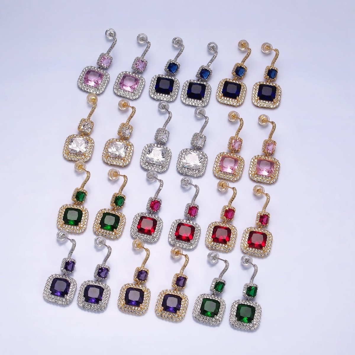 Gold Micro Pave Square Cocktail Earrings Multi Color CZ Statement Party Earrings Dangle Designer Earrings AD1504 - AD1515 - DLUXCA