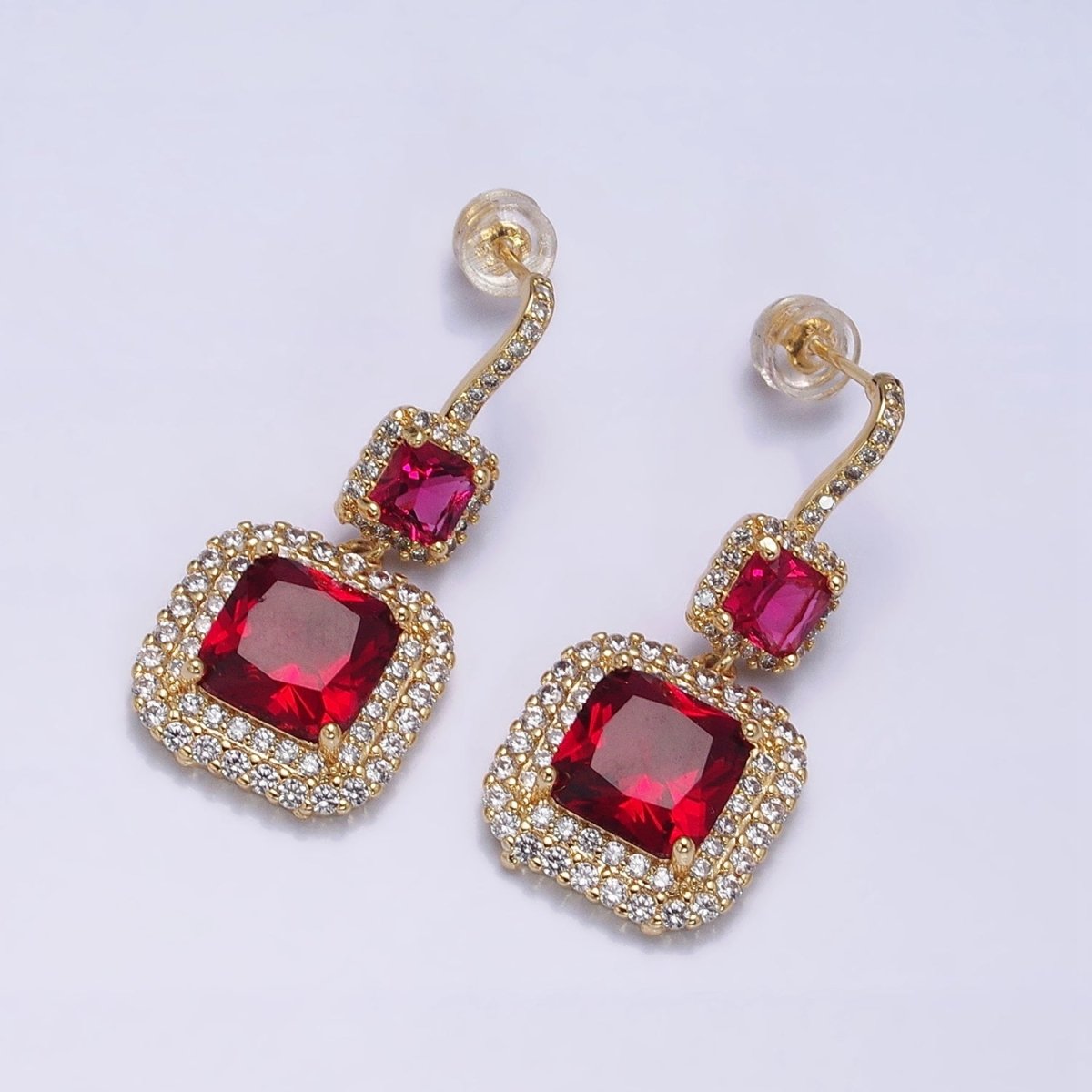 Gold Micro Pave Square Cocktail Earrings Multi Color CZ Statement Party Earrings Dangle Designer Earrings AD1504 - AD1515 - DLUXCA