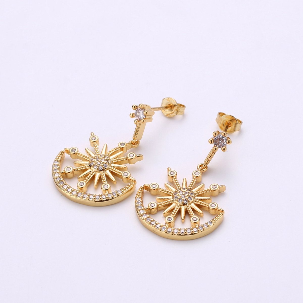 Gold Micro Paved CZ Celestial Sun Moon Stars Cubic Zirconia Dangle Stud Earrings | K-470 - DLUXCA