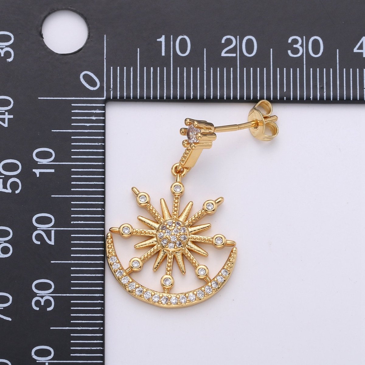 Gold Micro Paved CZ Celestial Sun Moon Stars Cubic Zirconia Dangle Stud Earrings | K-470 - DLUXCA
