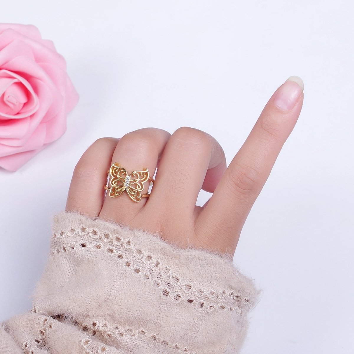 Gold Micro Paved CZ Mariposa Butterfly Engraved Wings Double Band Statement Ring | O-1984 - DLUXCA