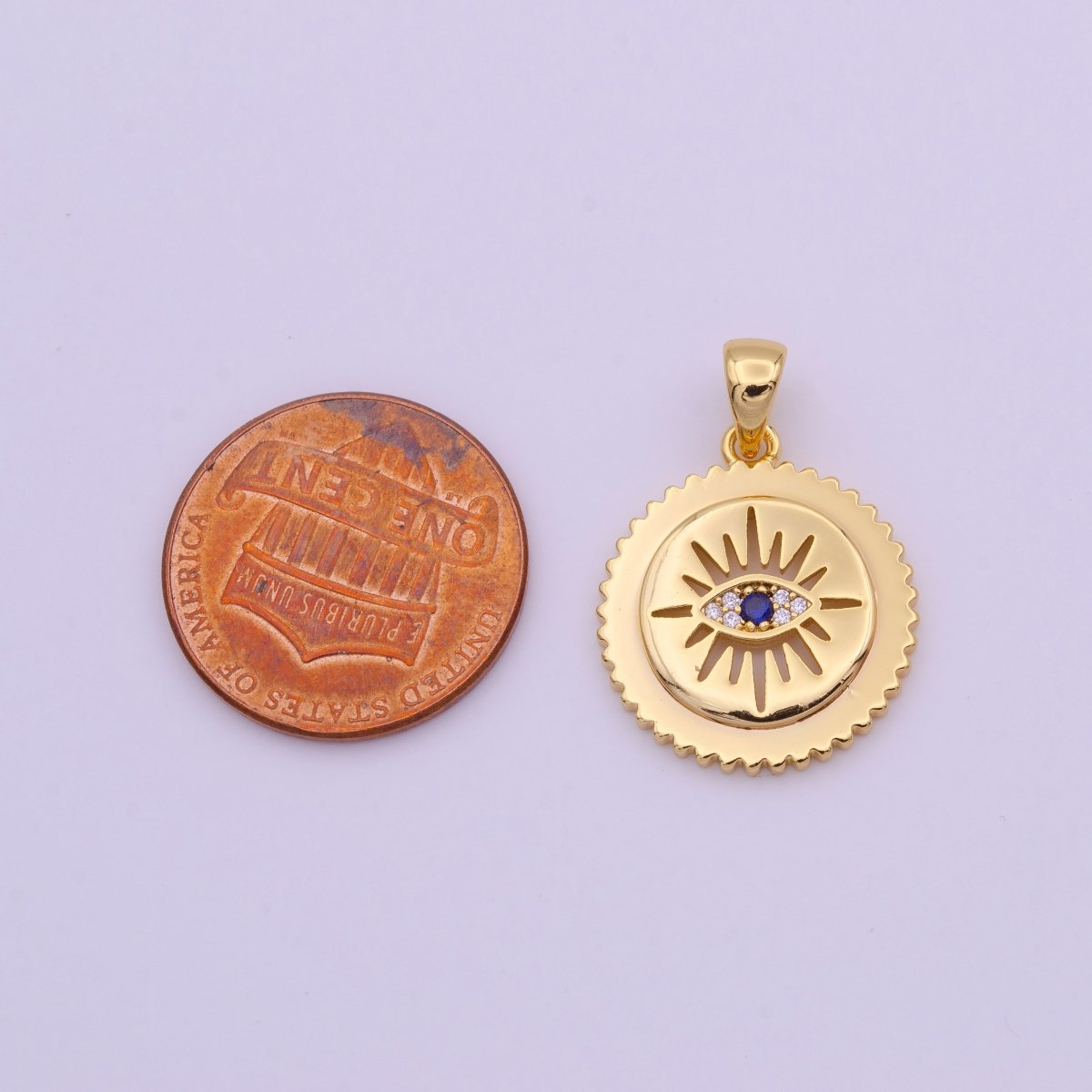 Gold Micro Paved Evil Eye Sunburst Gears Round Pendant I-652 - DLUXCA
