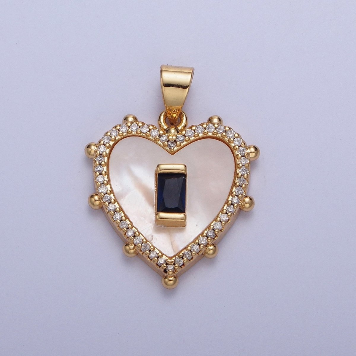 Gold Micro Paved Heart Shell Pendant Charm with Fuchsia, Green, Black, Turquoise Baguette Cubic Zirconia For Valentine | X-415-X-418 - DLUXCA