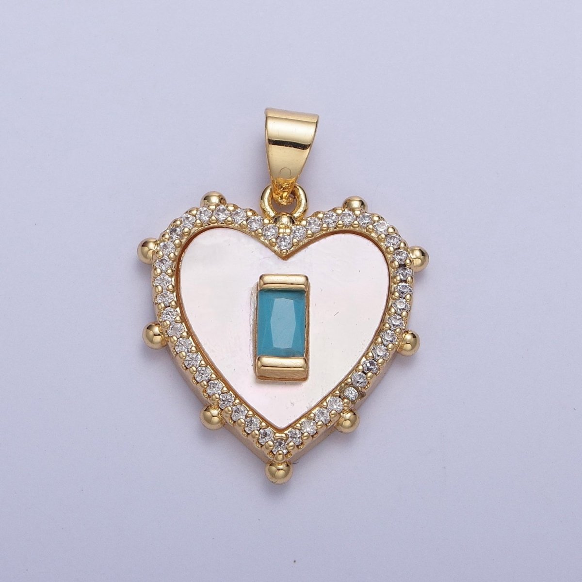 Gold Micro Paved Heart Shell Pendant Charm with Fuchsia, Green, Black, Turquoise Baguette Cubic Zirconia For Valentine | X-415-X-418 - DLUXCA