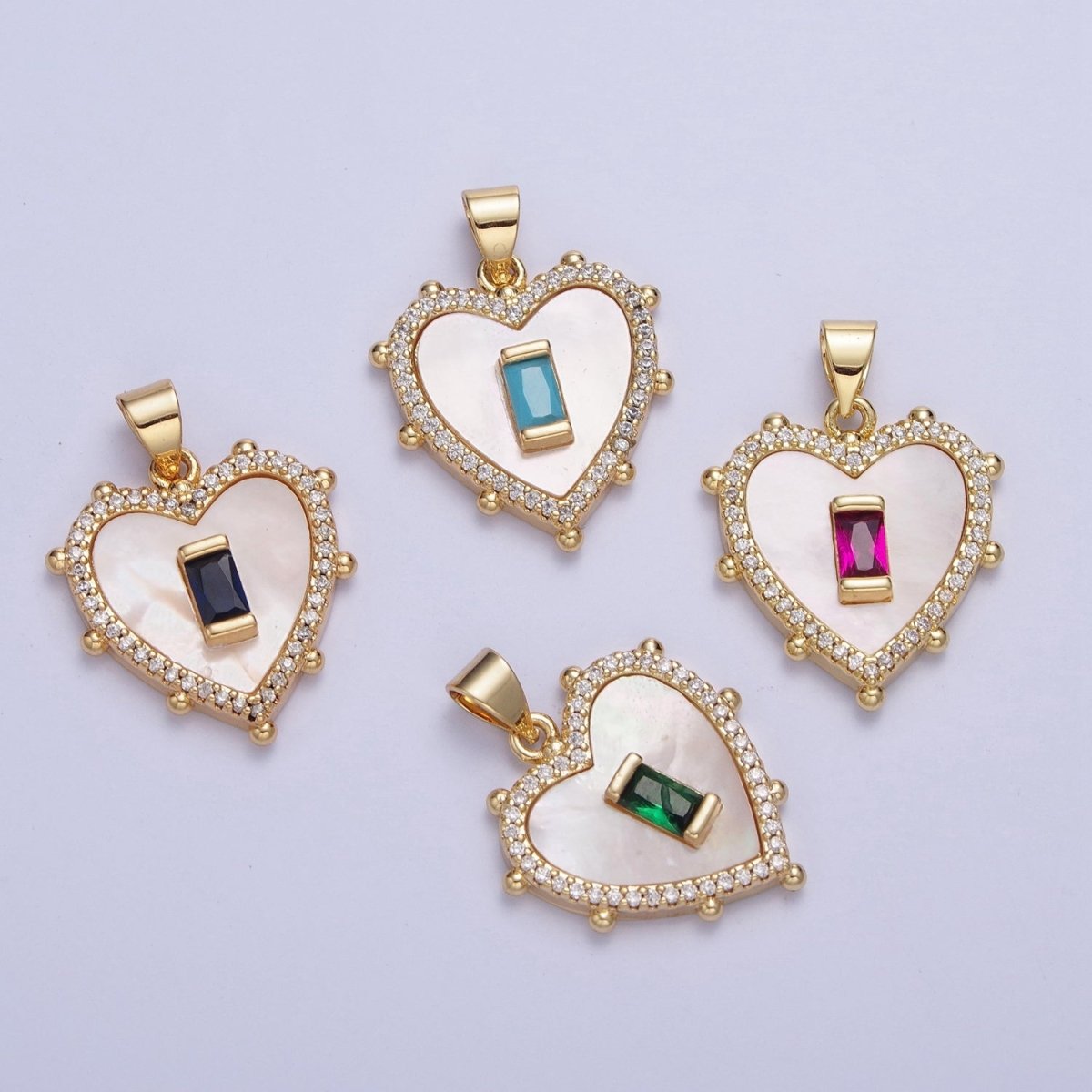 Gold Micro Paved Heart Shell Pendant Charm with Fuchsia, Green, Black, Turquoise Baguette Cubic Zirconia For Valentine | X-415-X-418 - DLUXCA