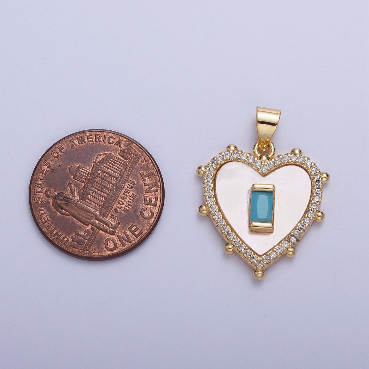 Gold Micro Paved Heart Shell Pendant Charm with Fuchsia, Green, Black, Turquoise Baguette Cubic Zirconia For Valentine | X-415-X-418 - DLUXCA