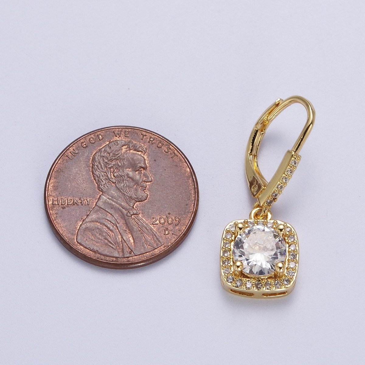 Gold Micro Paved Square Cubic Zirconia Hoop Charm Drop Earrings | Y-074 - DLUXCA