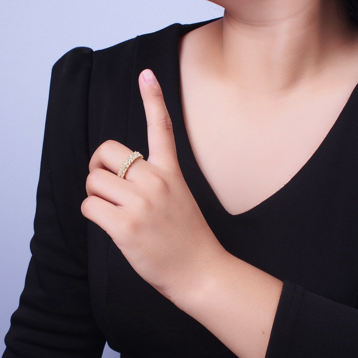 Gold Mini Baguette Cubic Zirconia Round Pearl Wide Band Statement Adjustable Ring | O-1996 - DLUXCA