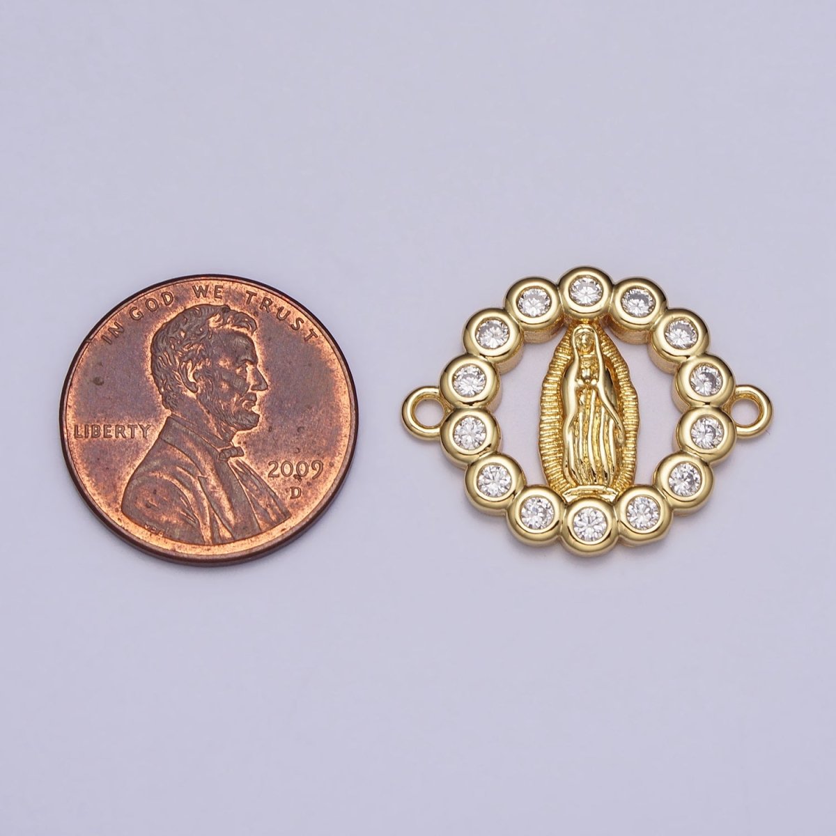 Gold Miraculous Mother Virgin Mary CZ Round Open Religious Connector | AA804 - DLUXCA