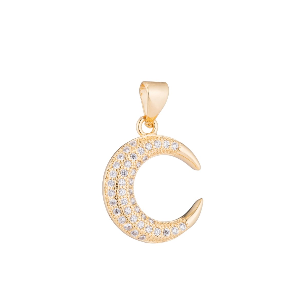 Gold Moonlight, Golden Crescent Moon Bright Night Sky Dream Cubic Zirconia Necklace Pendant Charm Bead Bails Findings for Jewelry Making H-355 - DLUXCA