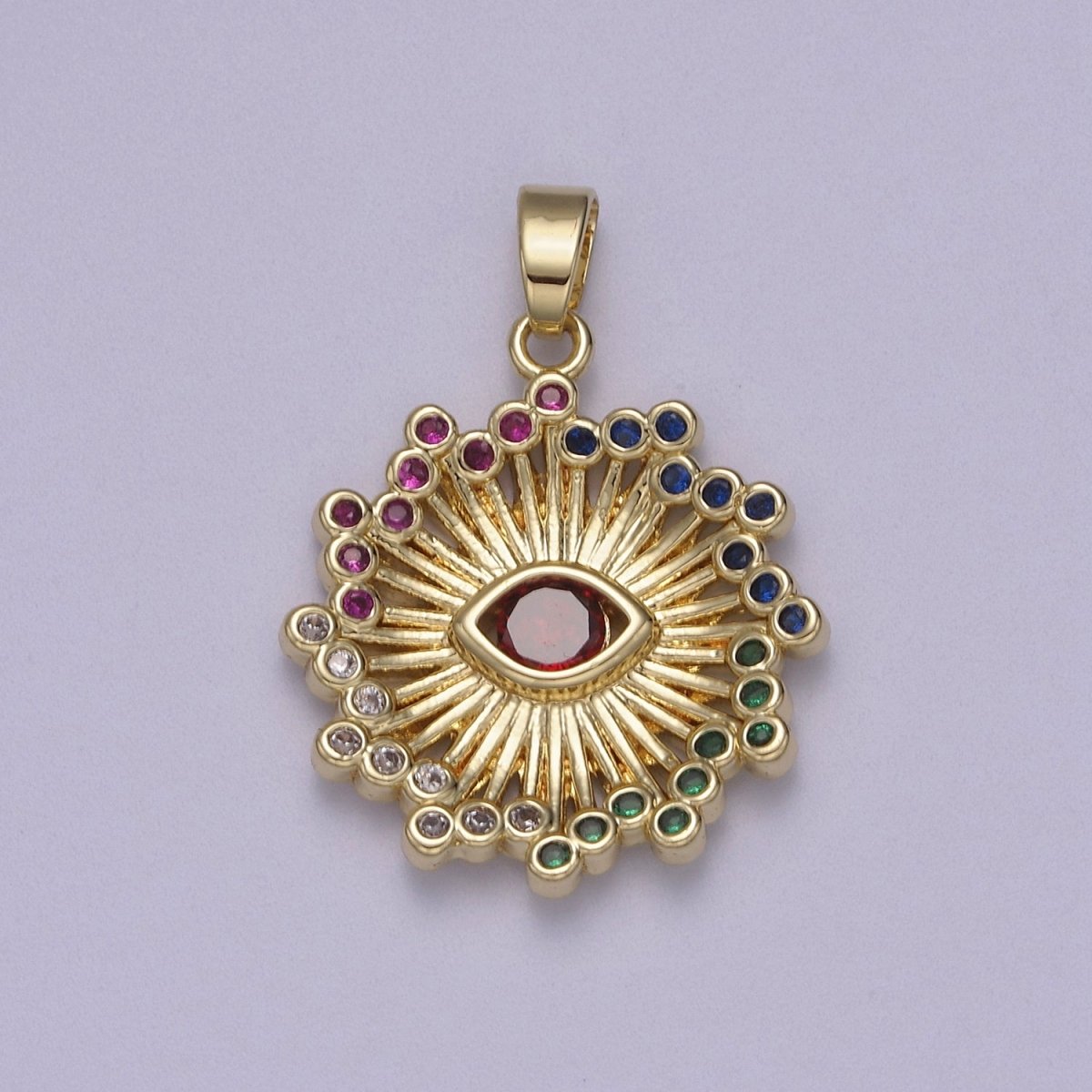 Gold Multi Color Cubic Zirconia Evil Eye Charm Sun Burst Sunray Pendant N-602 - DLUXCA