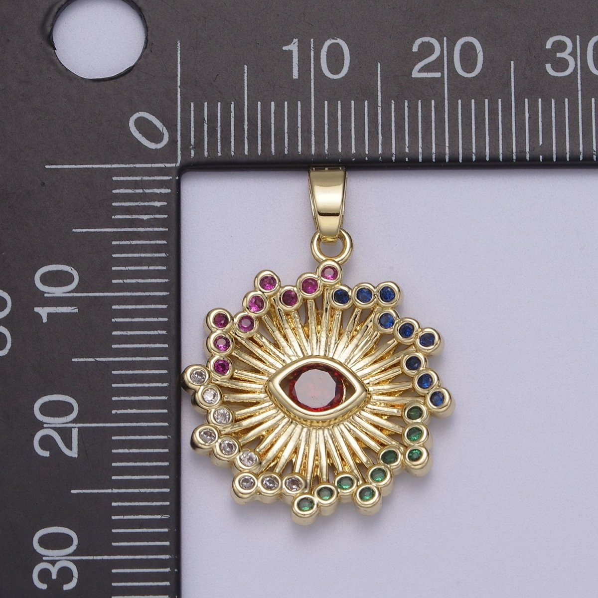 Gold Multi Color Cubic Zirconia Evil Eye Charm Sun Burst Sunray Pendant N-602 - DLUXCA