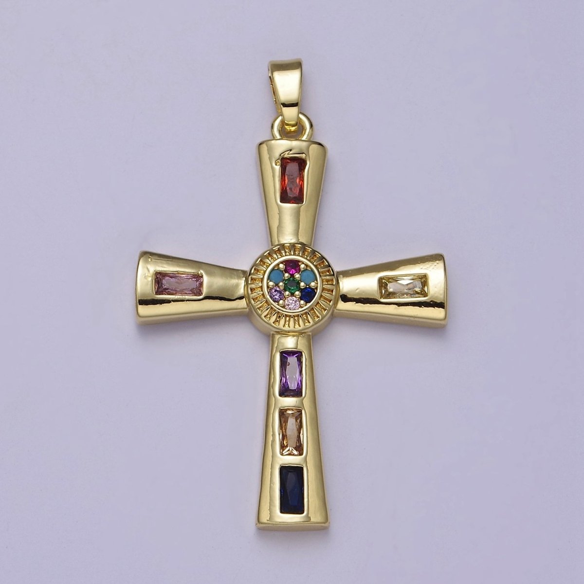 Gold Multicolor/Clear Baguette Cubic Zirconia CZ Religious Cross Pendant Charm For Jewelry Necklace Making, J-593 J-594 - DLUXCA