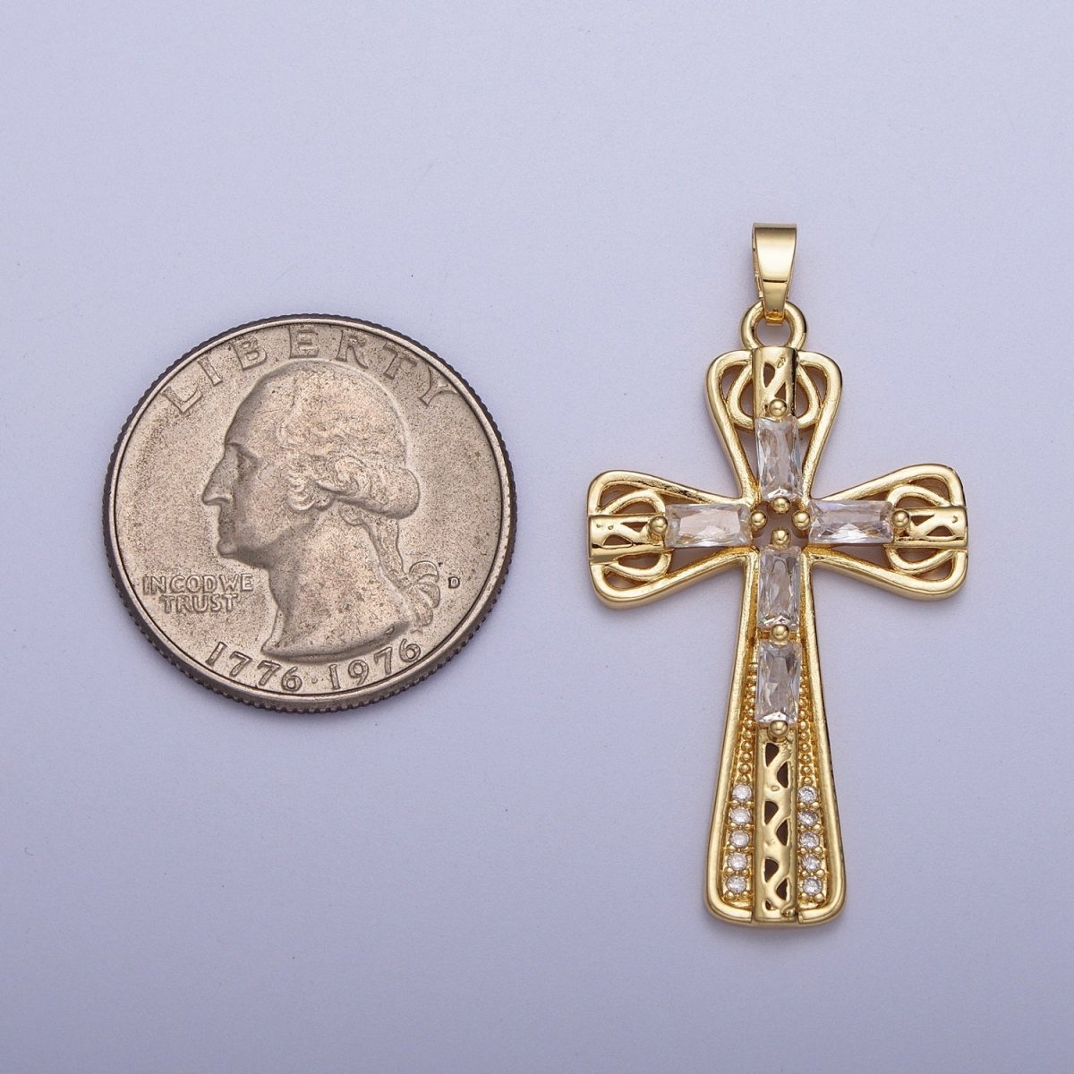 Gold Multicolor/Clear Cross Micro Paved Round Baguette CZ Religious Pendant For Jewelry Making | X-544 X-545 - DLUXCA