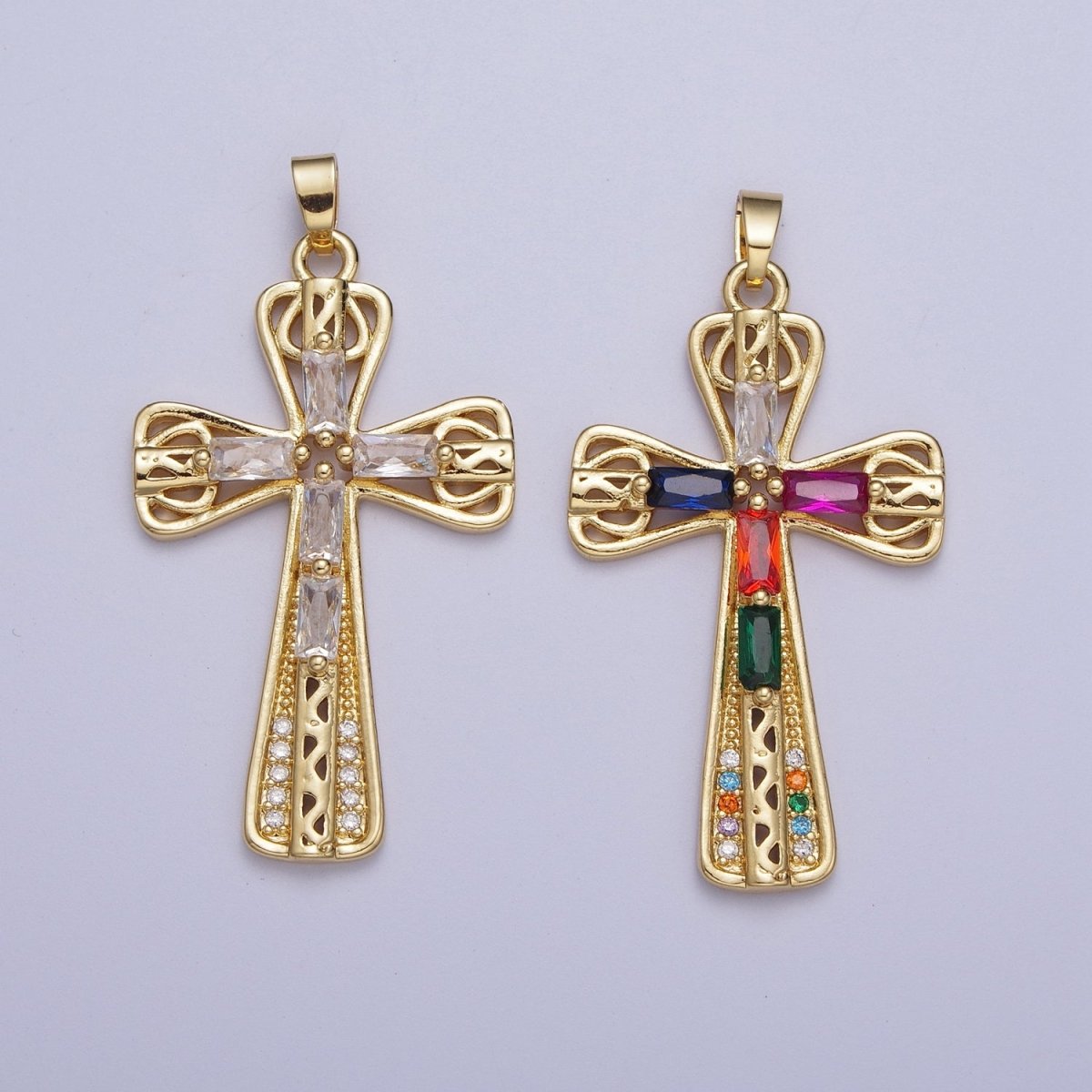 Gold Multicolor/Clear Cross Micro Paved Round Baguette CZ Religious Pendant For Jewelry Making | X-544 X-545 - DLUXCA