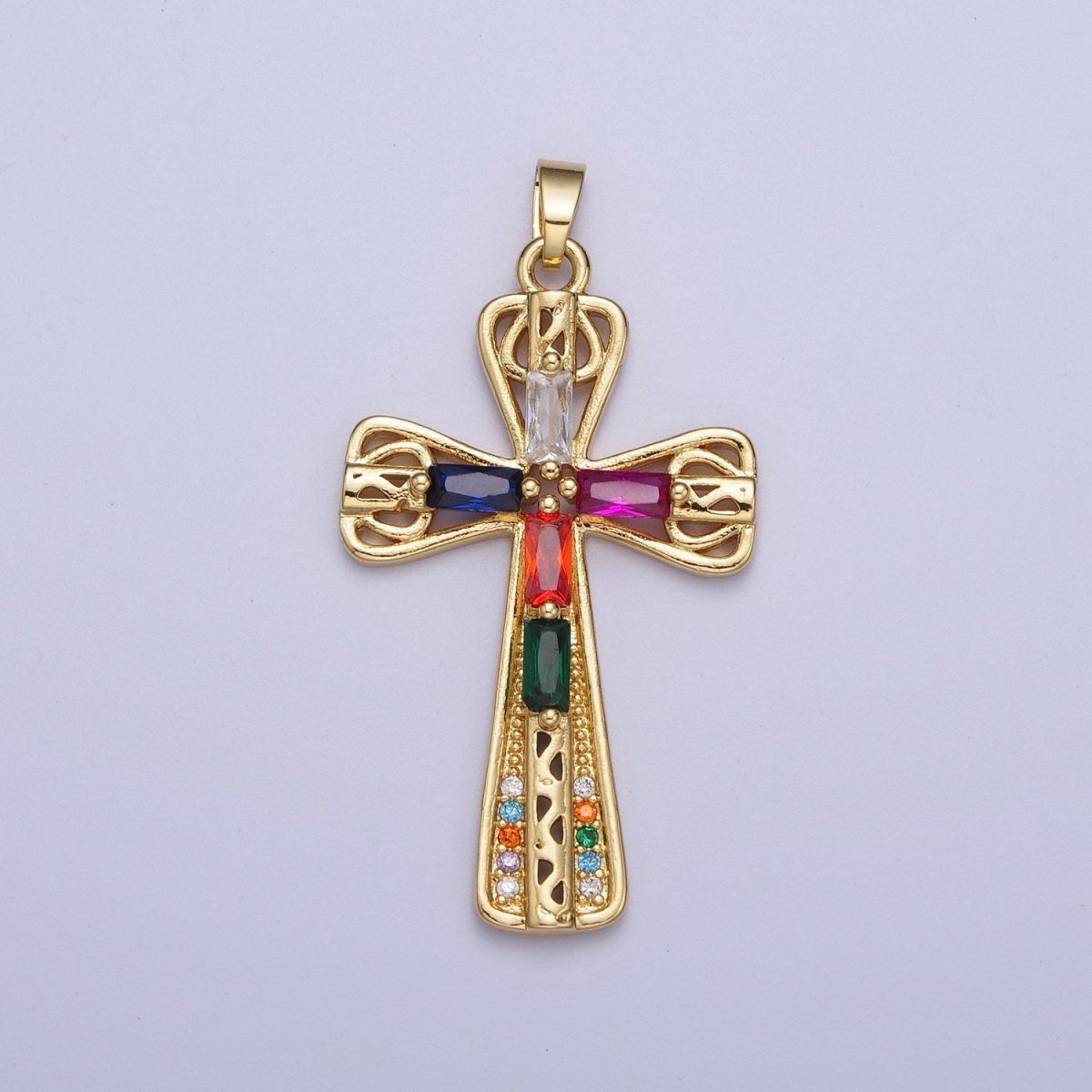 Gold Multicolor/Clear Cross Micro Paved Round Baguette CZ Religious Pendant For Jewelry Making | X-544 X-545 - DLUXCA